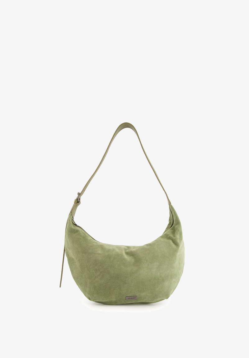 Green suede hobo bag with a curved shape, adjustable strap, and subtle sheen. Features a small logo detail on the front.