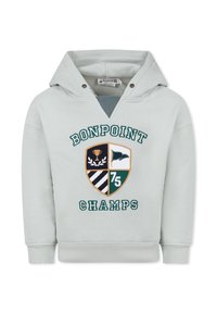 Felpa grigia chiara con tasca a marsupio, caratterizzata da un design di scudo ricamato in nero, verde e dettagli dorati, con la scritta "BONPOINT CHAMPS."