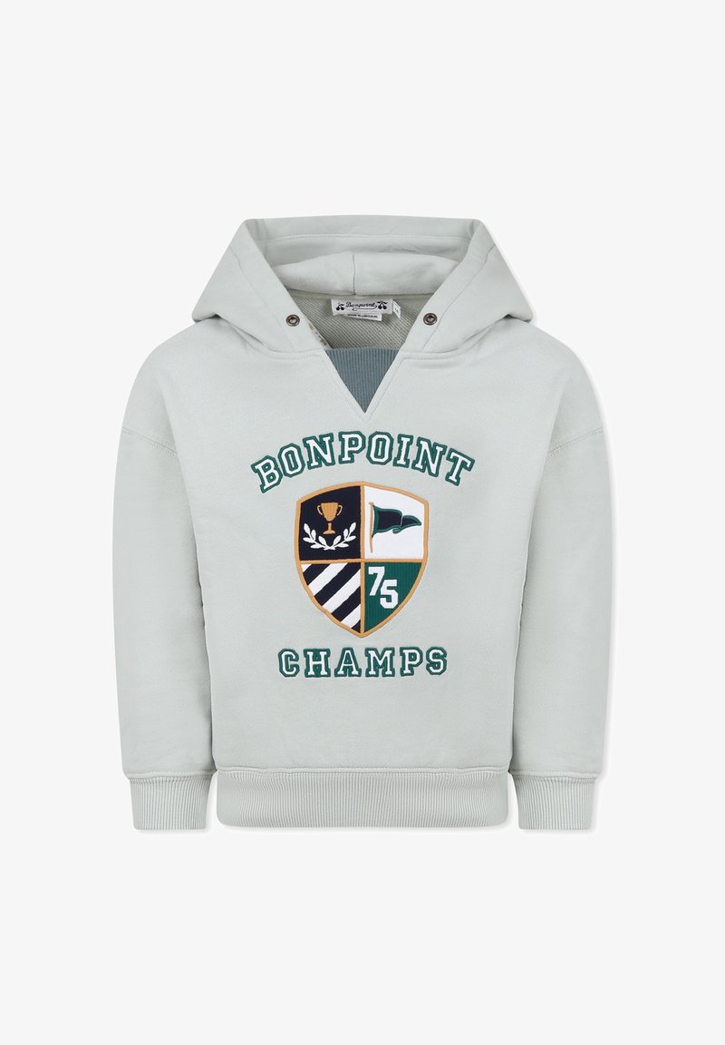 Felpa grigia chiara con tasca a marsupio, caratterizzata da un design di scudo ricamato in nero, verde e dettagli dorati, con la scritta "BONPOINT CHAMPS."