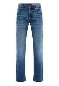 Šviesiai mėlyni džinsai su tiesiu kirpimu, turintys penkias kišenes, siuvinėtų detalių ir subtilų blukimo efektą.