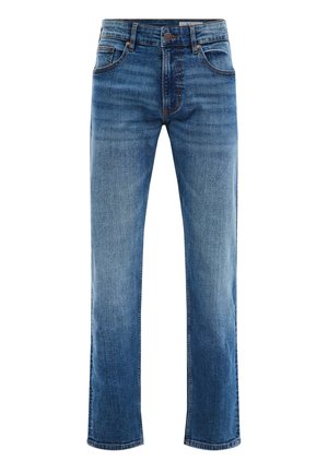 Lyseblå denim jeans med lige ben, der har fem lommer, sømdetaljer og en subtil falmeffekt.