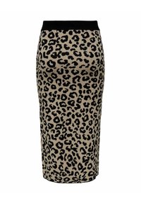 Jupe en tricot imprimé léopard avec un fond beige et des taches noires, une silhouette ajustée et une taille noire unie.