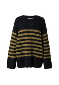 Kardigan in Dunkelblau mit horizontalen senfgelben Streifen. Verfügt über eine lässige Passform, einen Rundhalsausschnitt sowie gerippte Bündchen und Saum.