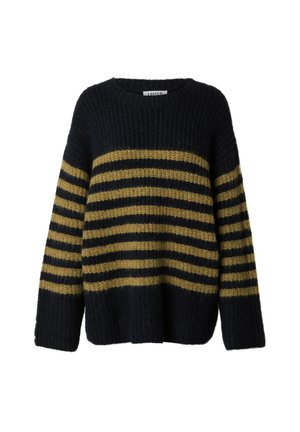 Pull en tricot bleu marine avec des rayures horizontales jaune moutarde. Caractéristiques : coupe décontractée, col rond et bords-côtes aux poignets et à l'ourlet.