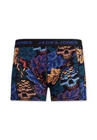 Boxers pour hommes avec un motif floral multicolore et des têtes de mort, taille noire avec le logo "JACK & JONES", tissu extensible et design ajusté.