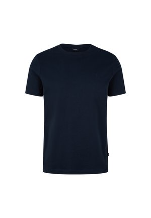 Korte mouwen marineblauwe t-shirt, gemaakt van katoen, met een ronde hals en een klein geborduurd logo op de borst. Klassiek, eenvoudig ontwerp.