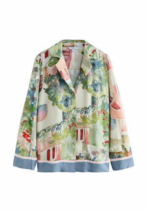 Chemise à manches longues boutonnée avec un motif floral et abstrait style aquarelle dans des tons doux de verts, bleus, rouges et roses, avec un ourlet et des poignets bleu clair.
