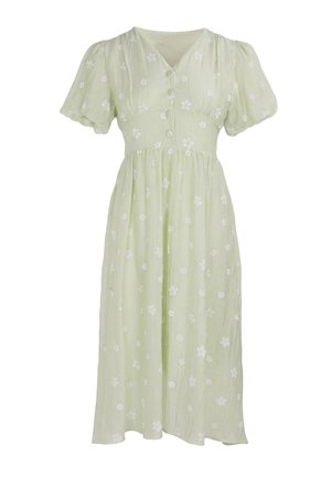 Hellgrünes Midikleid mit Puffärmeln, stoffbezogenen Knöpfen und weißer Blumenstickerei überall.