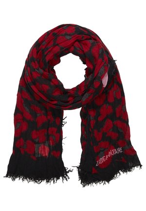 Red and black lightweight scarf with abstract pattern, frayed edges, and "Zadig & Voltaire" logo on one end.