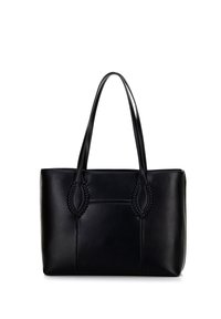Borsa tote nera in pelle con texture liscia, forma allungata e dettagli intrecciati sui manici. Presenta due manici e un design minimalista.