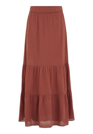 Roostevärvi mitmekihiline midi-seelik peente vertikaalsete triipudega ja elastse vöökohaga.