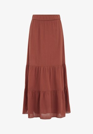 Roostevärvi mitmekihiline midi-seelik peente vertikaalsete triipudega ja elastse vöökohaga.