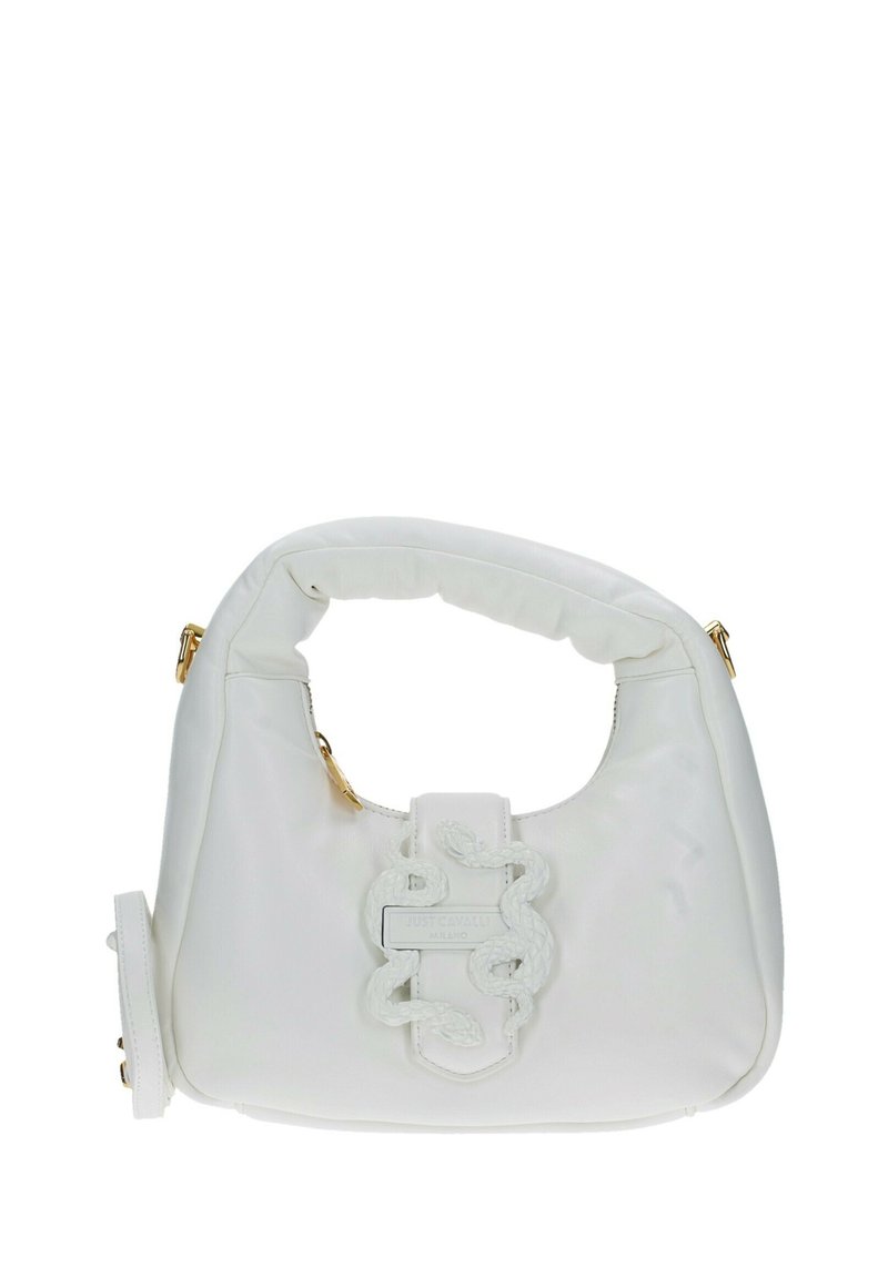 Borsa in pelle bianca con silhouette arrotondata, manico imbottito e una texture a motivo serpente sul frontale. Presenta dettagli in hardware dorato.