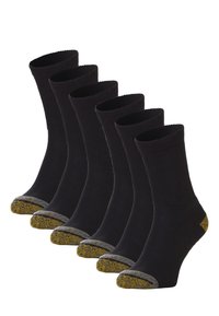 Chaussettes noires avec une texture côtelée et un revers à rayures contrastantes jaunes et grises. Cinq paires disposées verticalement, mettant en valeur un design uniforme.