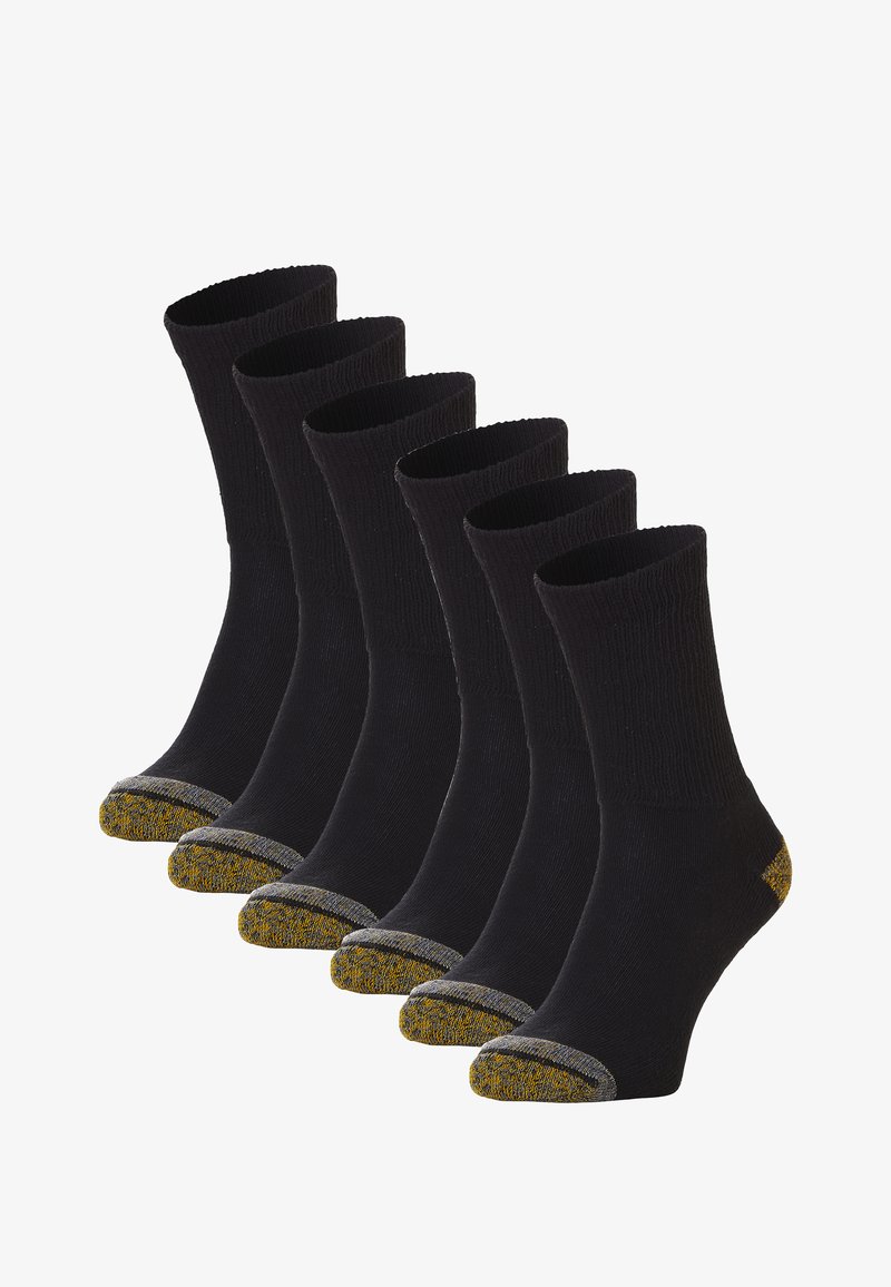 Chaussettes noires avec une texture côtelée et un revers à rayures contrastantes jaunes et grises. Cinq paires disposées verticalement, mettant en valeur un design uniforme.