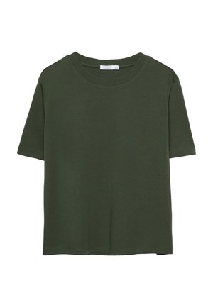 T-shirt olive à manches courtes en coton doux, avec un col rond et une coupe décontractée, à ourlet droit et sans motifs visibles.