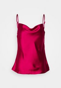 Haut caraco en satin rose vif avec fines bretelles réglables et un décolleté drapé sur fond blanc.