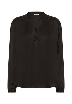 Blouse noire à manches longues en tissu doux et lisse, avec un décolleté en V et un détail froncé aux épaules, accompagnée de manches à poignet.