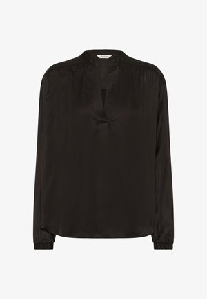 Črni bluzon z dolgimi rokavi iz mehke in gladke tkanine, ki ima V-izrez in gubano podrobnost na ramenih ter rokave s manšetami.