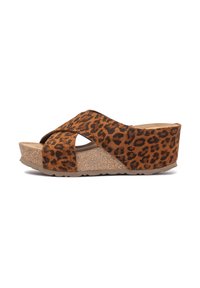Leopard print platform sandals with crossed suede straps, a cork-like midsole, and textured rubber outsole for traction.