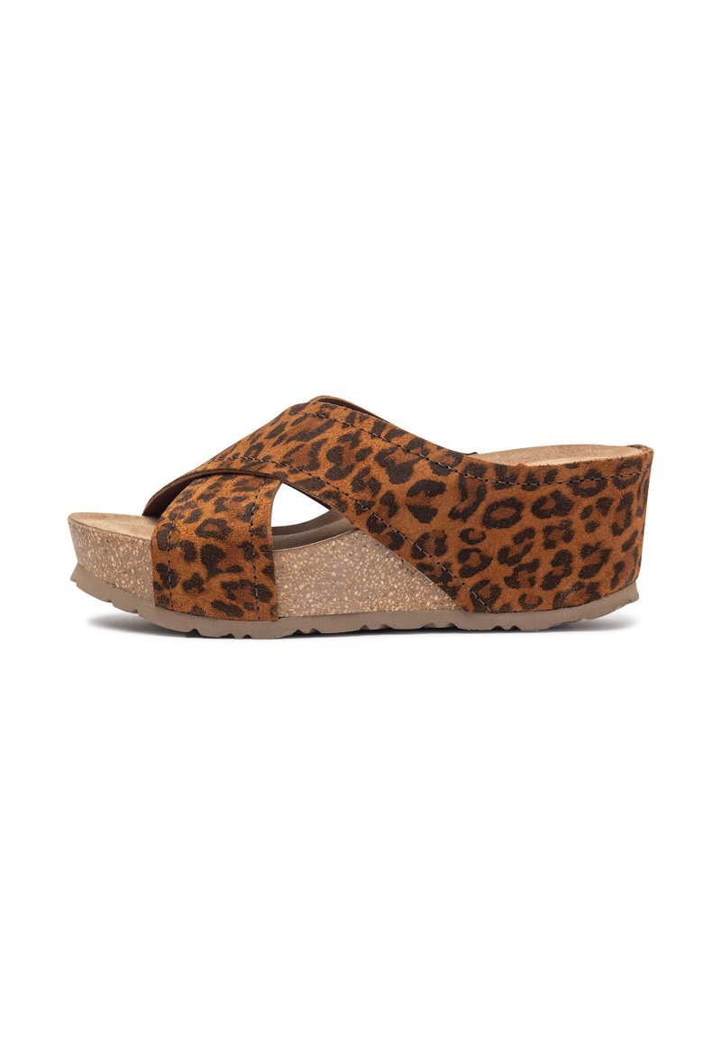 Leopard print platform sandals with crossed suede straps, a cork-like midsole, and textured rubber outsole for traction.