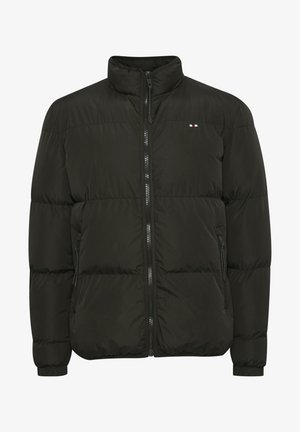 Black puffer jacket with high collar, front zipper, and two side pockets; features stitched sections and a small logo with red and white accents.