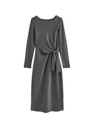 Grijze jurk met lange mouwen gemaakt van zachte stof, met een ronde halslijn en een zijstrikdetail in de taille voor een aansluitende pasvorm.