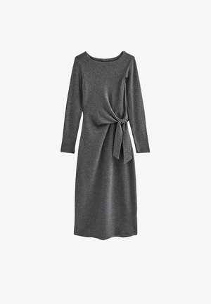 Grijze jurk met lange mouwen gemaakt van zachte stof, met een ronde halslijn en een zijstrikdetail in de taille voor een aansluitende pasvorm.
