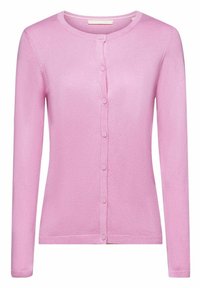 Vaaleanpunainen neuletakki pehmeästä kankaasta, jossa pyöreä pääntie, pitkät hihat ja kuusi vastaavaa nappia etuosassa.