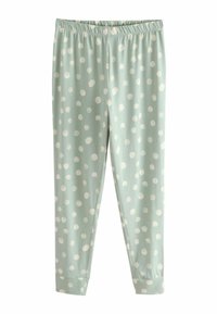 Hellgrüne Schlafanzughose mit weißen Punkten, elastischem Bund, schmal zulaufenden Beinen und glattem Stoff. 