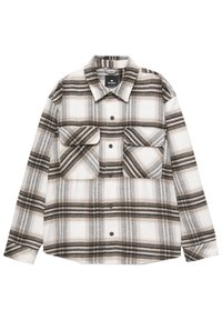 Camicia a maniche lunghe a quadri nei toni del beige e marrone, con due tasche sul petto, chiusura frontale con bottoni e colletto alla coreana. Tessuto morbido e strutturato.