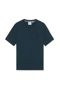 Kortærmet marineblå bomulds T-shirt med rund halsudskærm og broderet logo på venstre bryst. Glat tekstur, afslappet pasform.