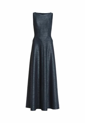 Mouwloze avondjurk in donkerblauw met een subtiele glans. A-lijn silhouet, vloeiende rok en een ronde halslijn. Ritssluiting aan de achterkant.