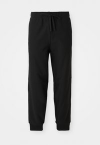 Pantaloni de trening negri cu talie elastică și șnur ajustabil. Mansetele ajustate și cusăturile laterale creează o siluetă elegantă.