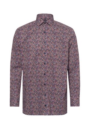 Langärmliges Hemd in Dunkelblau mit einem floralen Muster, das rote, weiße und blaue Akzente aufweist. Geknöpfte Vorderseite und klassisches Kragen-Design.