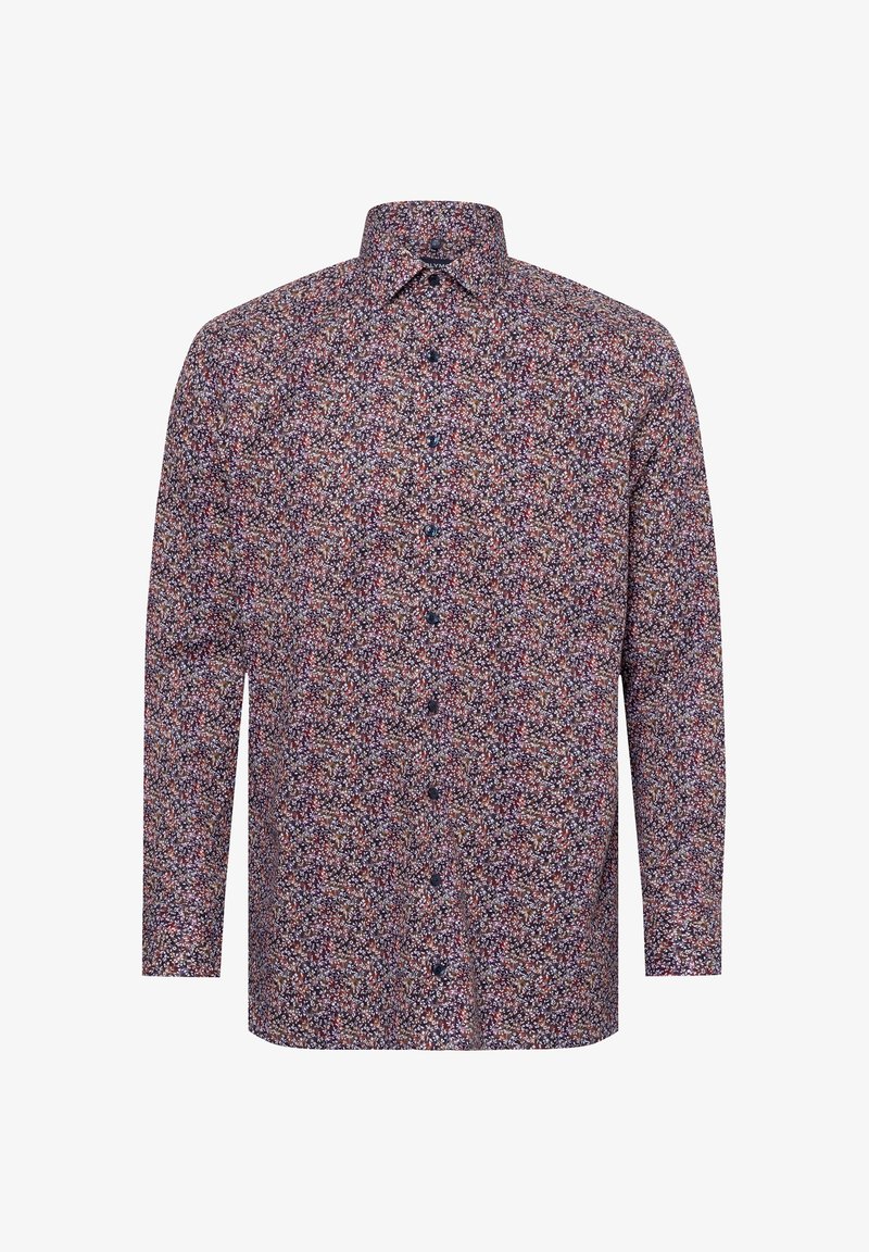 Langärmliges Hemd in Dunkelblau mit einem floralen Muster, das rote, weiße und blaue Akzente aufweist. Geknöpfte Vorderseite und klassisches Kragen-Design.