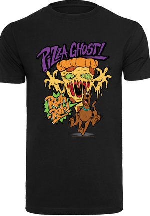 Must t-särk mustast puuvillast, millel on värvikas karikatuuriline disain, kus on kujutatud kummitust meenutav pitsakarakter ja koer, koos tekstidega "Pizza Ghost!" ja "Ruh Roh!".