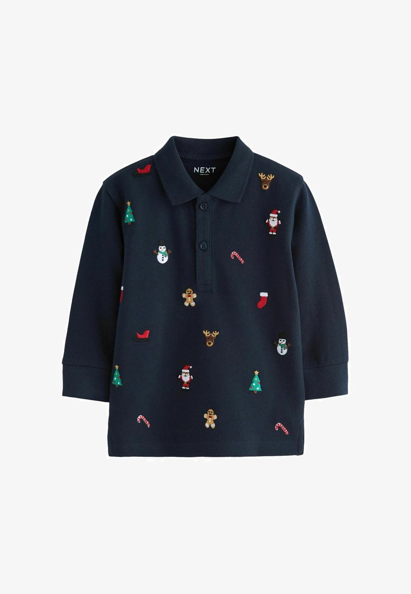 Tmavě modrá polokošile s dlouhým rukávem s barevným vánočním vyšíváním, včetně Santy, sněhuláků, stromků, cukrovinek a vánočních sobů.