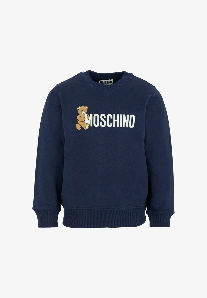 Felpa blu navy in cotone, con una grafica di un orso e il logo "MOSCHINO" in bianco sul davanti. Design classico con collo rotondo.
