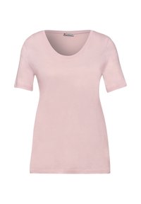 Camiseta de mujer de manga corta en color rosa claro, con cuello redondo, diseño sencillo y etiqueta de la marca Street One en el interior del cuello.