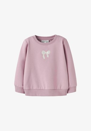 Felpa rosa chiaro con scollatura rotonda, polsini a costine e un piccolo dettaglio a fiocco bianco sul davanti. Realizzata in tessuto morbido.