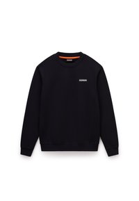 Sort sweatshirt med rund hals, lange ærmer, ribbet manchetter og kant. Har et lille logo på brystet og en orange kant indeni kraven.