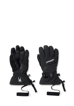 Par de guantes de invierno Spyder negros con correas ajustables en las muñecas y diseños de telaraña en las palmas y el dorso de las manos.