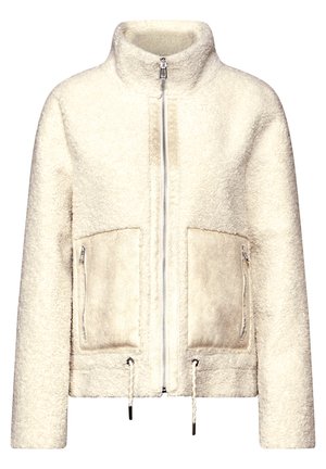 Veste en fausse fourrure crème avec fermeture éclair à l'avant, col haut, deux poches avant zippées et cordon de serrage à l'ourlet pour un ajustement réglable.