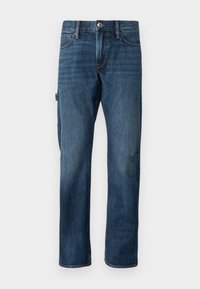 Jeans de mezclilla de un azul oscuro con un diseño de pierna recta, bolsillos frontales y un bolsillo lateral tipo cargo. Incluyen detalles de costura y un cierre de botón.