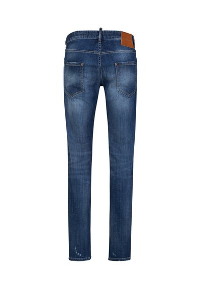 Blue denim jeans with faded areas, two back pockets, and a brown leather patch on the waistband shown from the back.