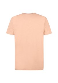 Tričko s krátkým rukávem z jemné broskvové látky. Má kulatý výstřih a jednobarevný zadní díl bez vzorů nebo ozdob.