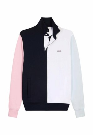 Veste zippée mi-noire, mi-blanche avec col montant, manche gauche rose, manche droite bleu clair, et petit logo brodé sur la poitrine.