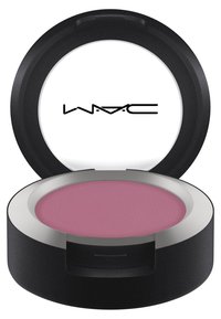 Ronde zwarte compact met een zilveren rand, met daarin een getextureerde, roze blush. De deksel heeft een transparant paneel en een zwart logo.