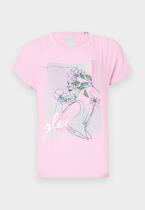 Roosa lühikeste varrukatega T-särk, millel on lilleline disain ja sõna "glowed" hõbedastes toonides. Seljaosas on ümmargune lõikefikseerimine. Pehme ja siledat tekstuuri.